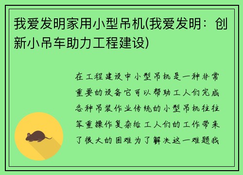 我爱发明家用小型吊机(我爱发明：创新小吊车助力工程建设)